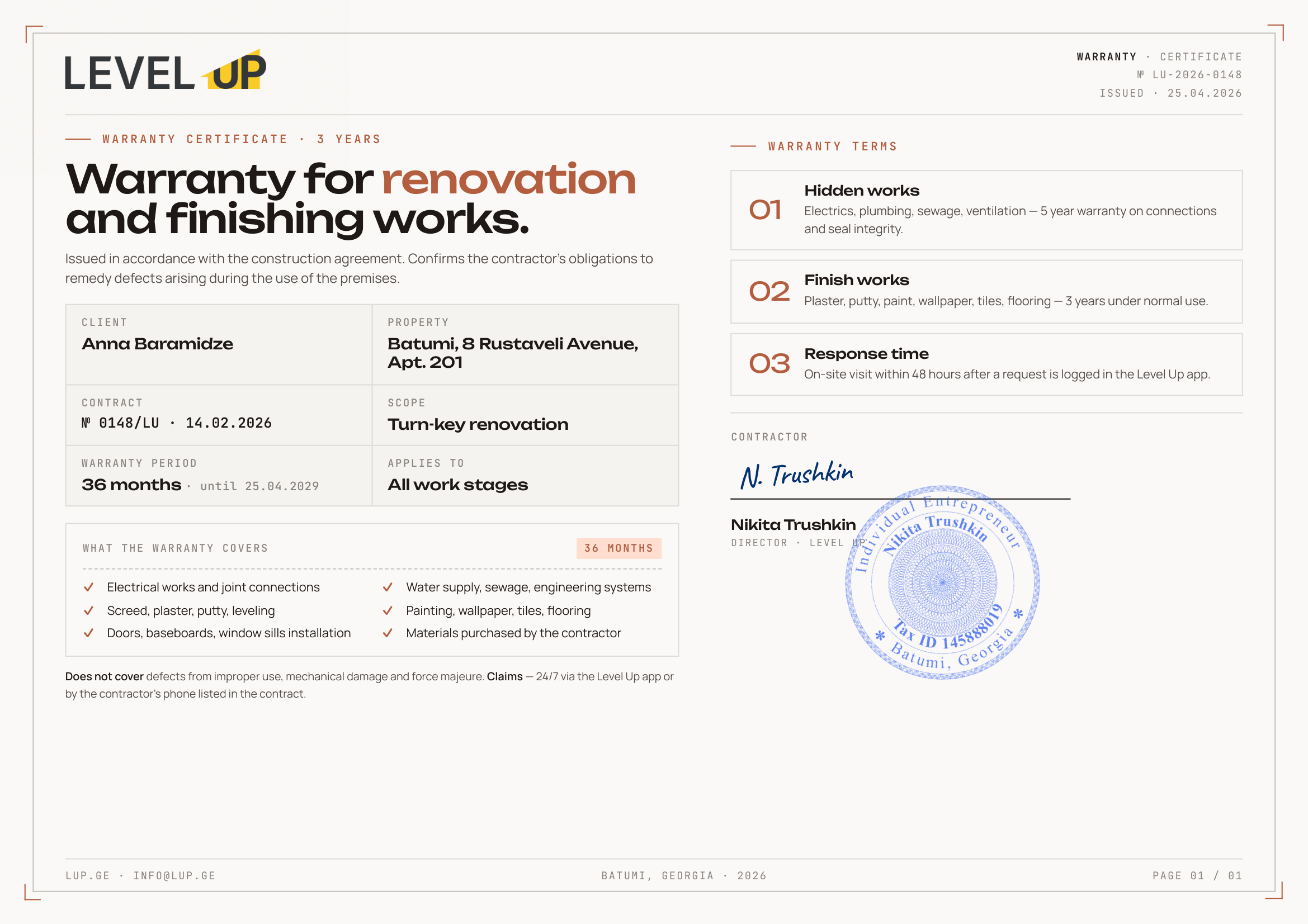 Warranty certificate